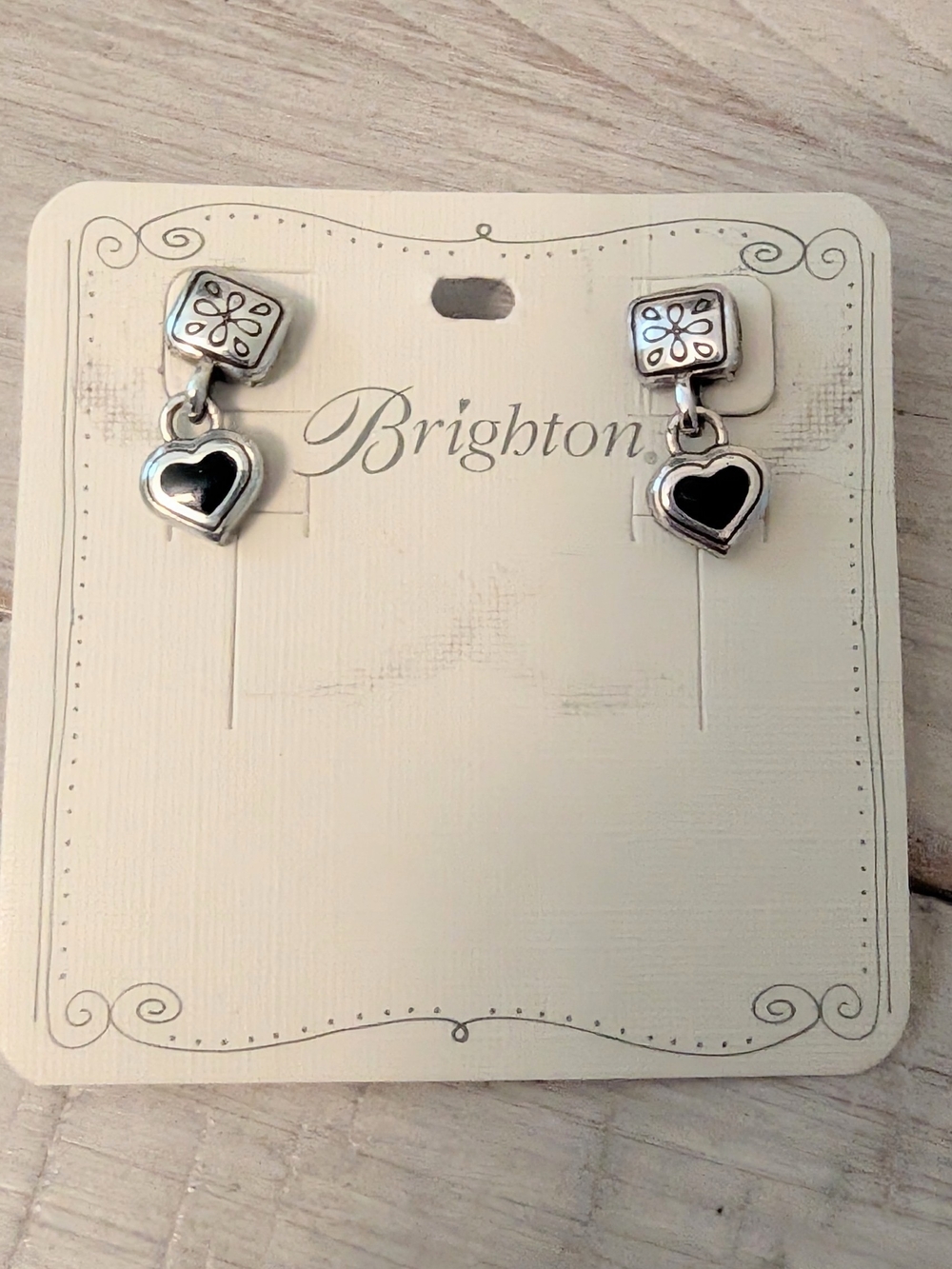 Brighton "Lenox" Silver Square Dangling Black Enamel Center Heart Earrings